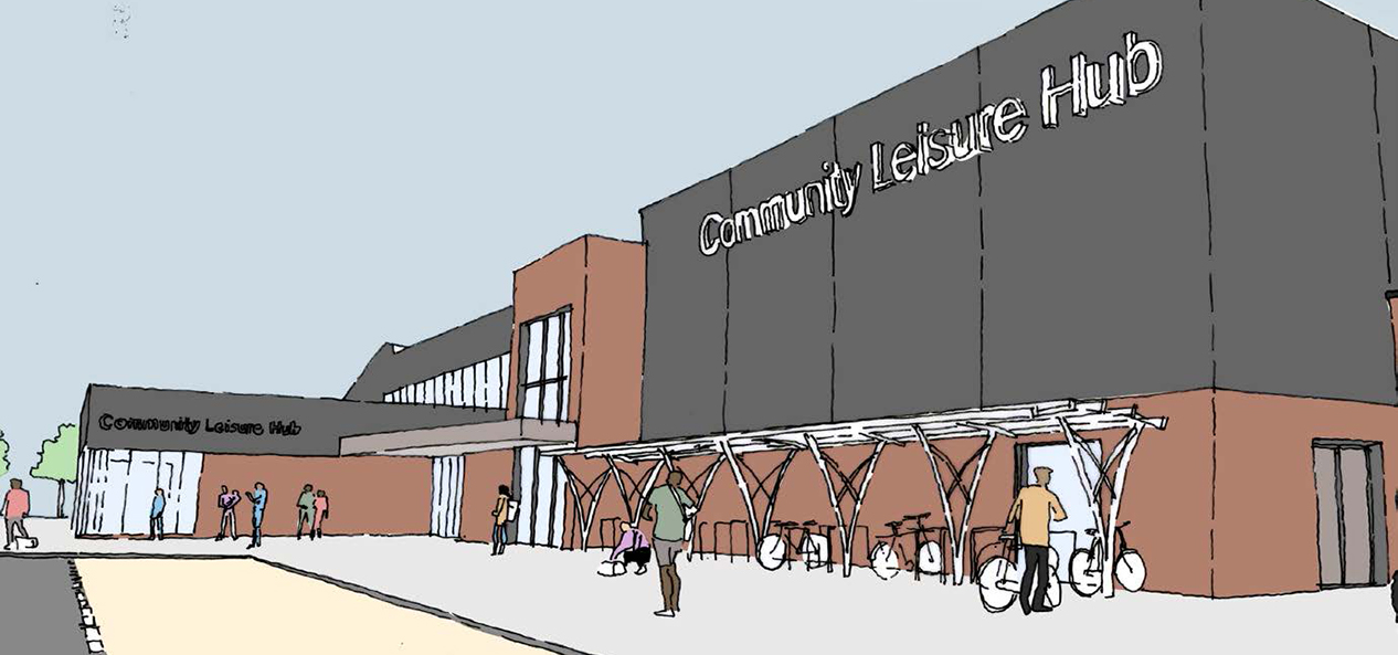 An illustration of a Community Leisure Hub - a large building with bike racks outside it
