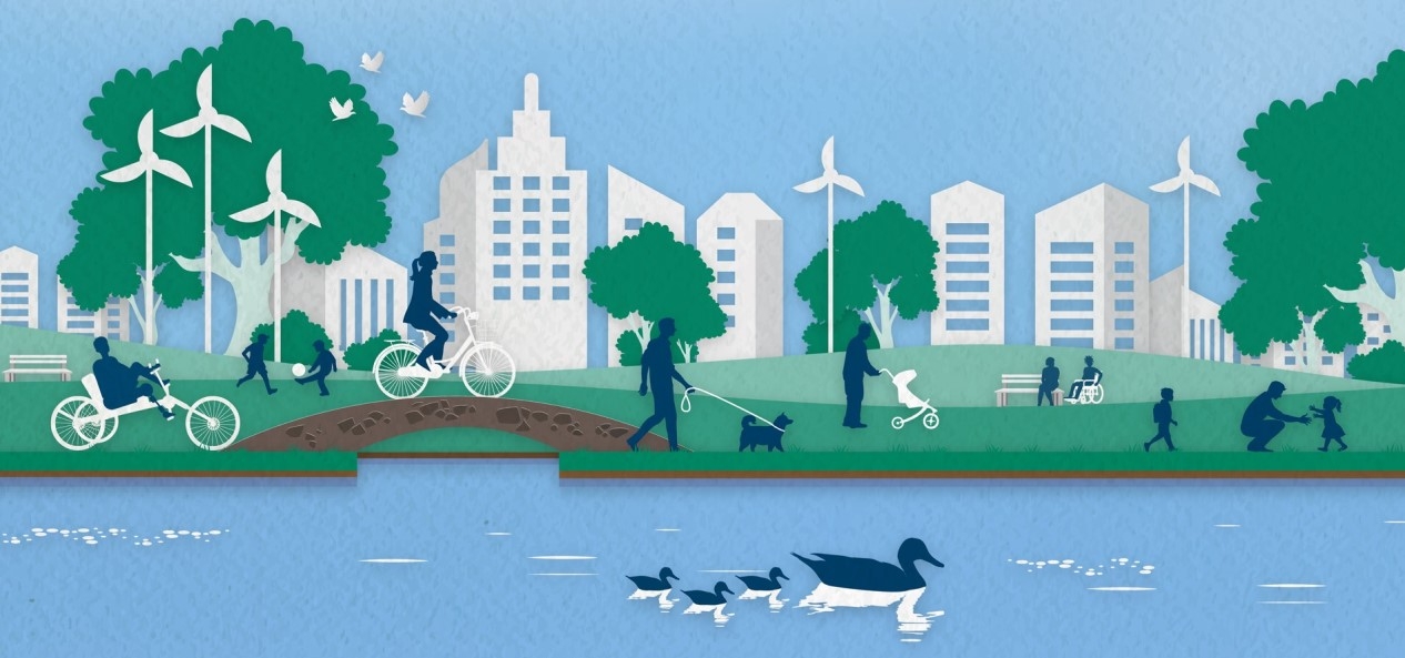 Front cover of Every Move, featuring illustrations of people being active in park, alongside wind farms and ducks on a river.