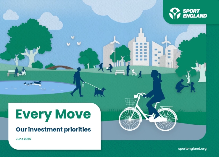 Front cover of Every Move: our investment priorities, featuring illustrations of people being active in park, alongside wind farms and ducks on a river.